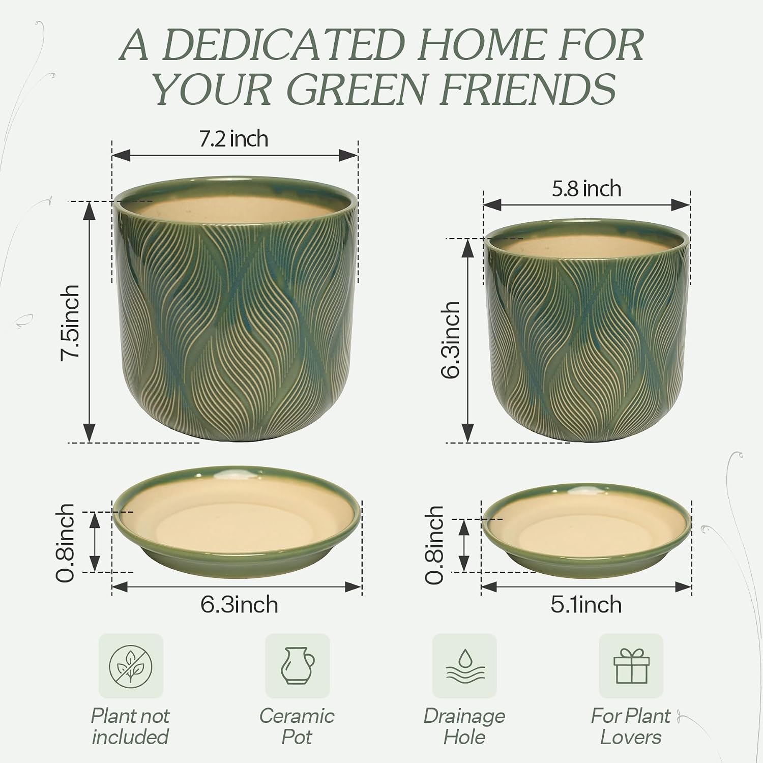 Ceramic Glaze Plant Pot Set 7.2+5.8 Inch Planter with Drainage Hole,Mesh Net,Saucer,for Indoor Outdoor (Leaf-Green)