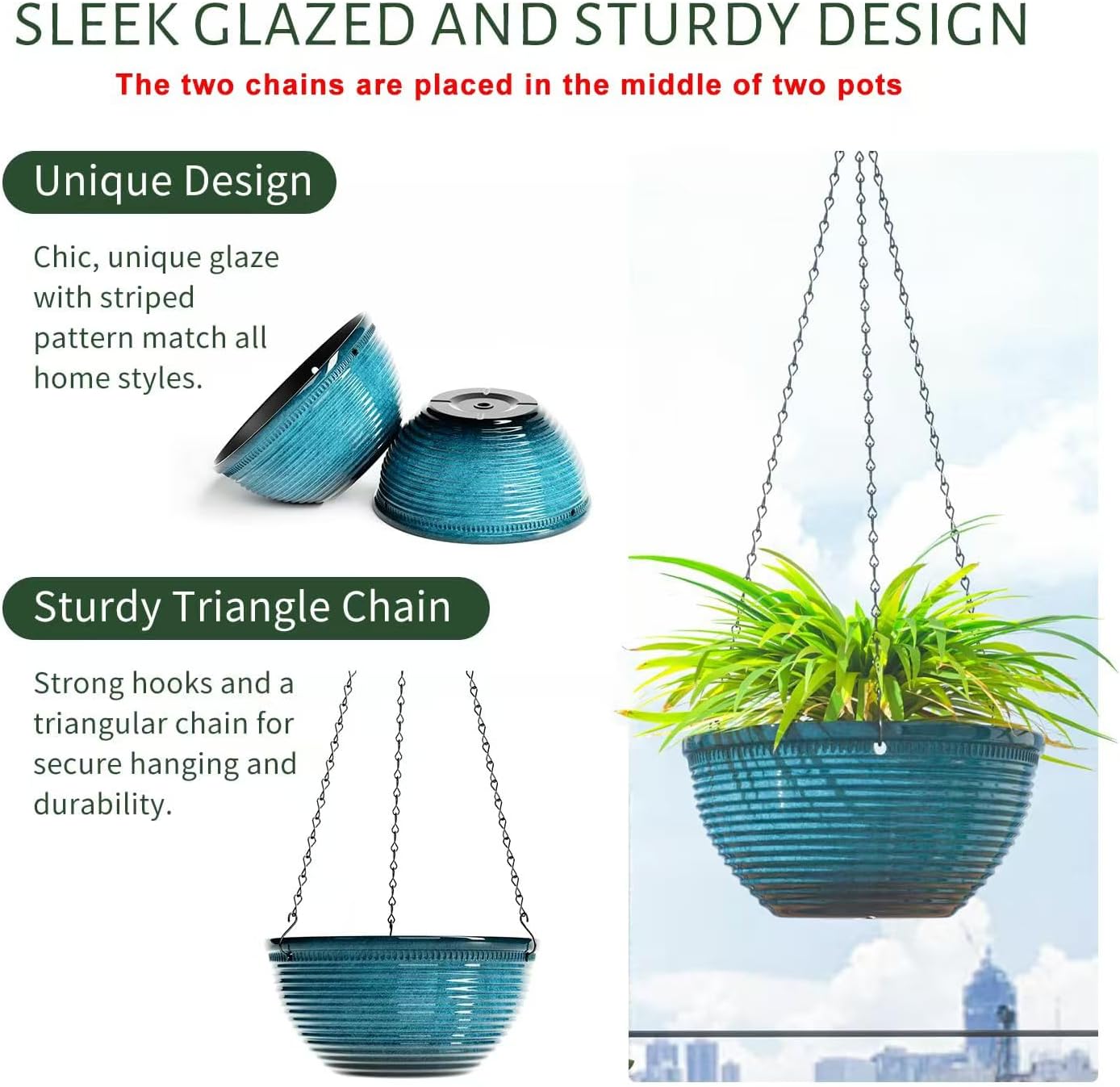 10 Inch Glazed Hanging Planters for Indoor Outdoor Plants, 2 Pack, Blue | hanging Baskets with Drainage Hole, Ceramic