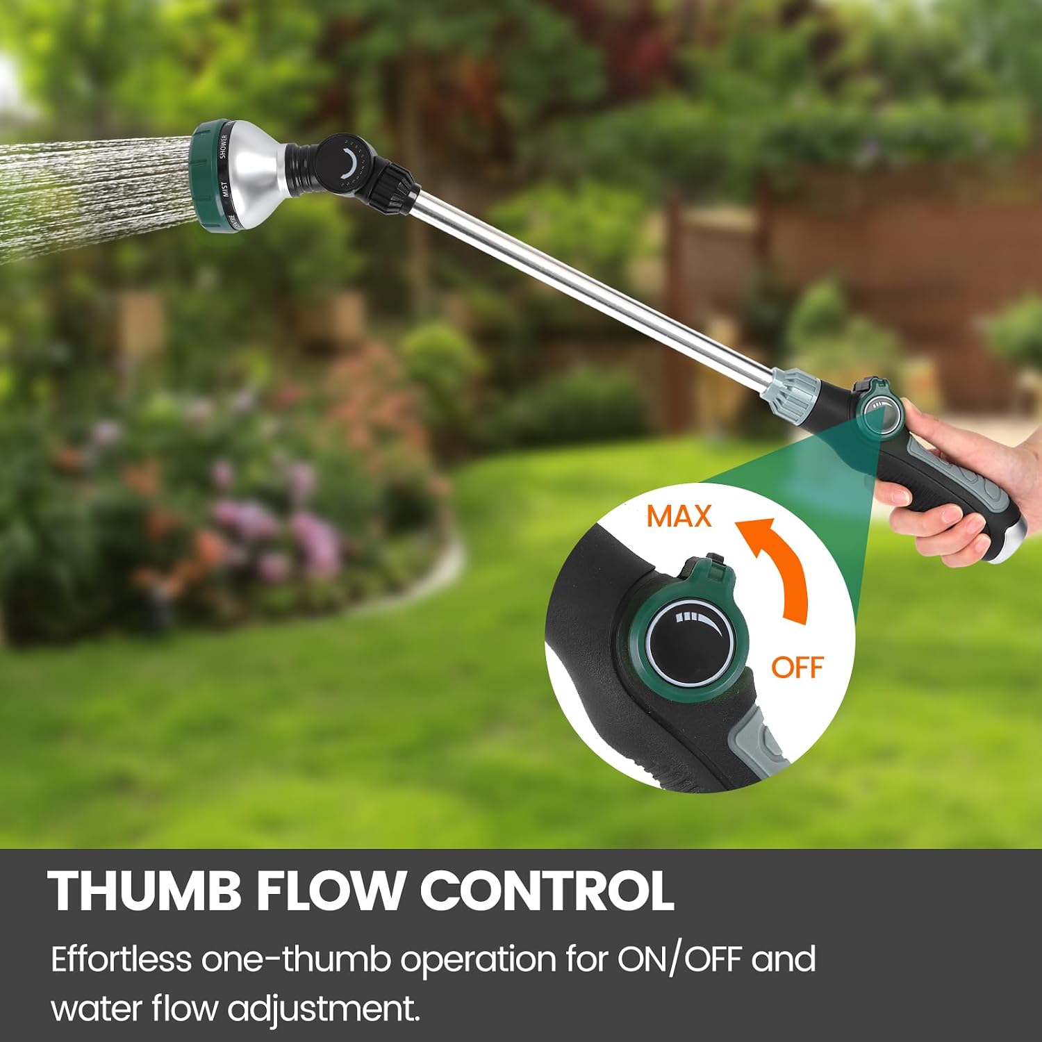 Watering Wand for Garden Hose, 24 Inch, 8 Spray Patterns, Garden Hose Nozzle with Thumb Flow Control, Adjustable Water