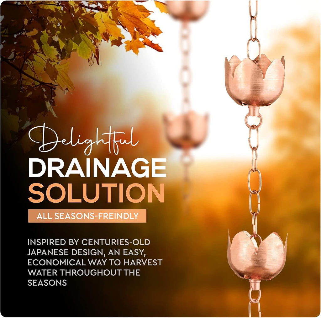 Copper Rain Chain – Decorative Chimes & Cups Replace Gutter Downspout & Divert Water Away from Home for Stunning