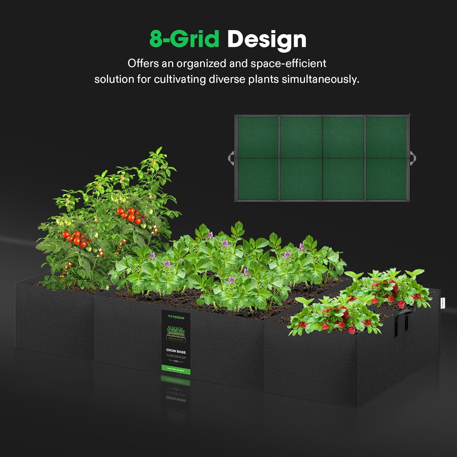 VIVOSUN 129 Gallon 8-Grid Grow Bags, 400G Fabric Raised Bed with Handles | 400G Thickened Nonwoven Fabric, 8-Grid