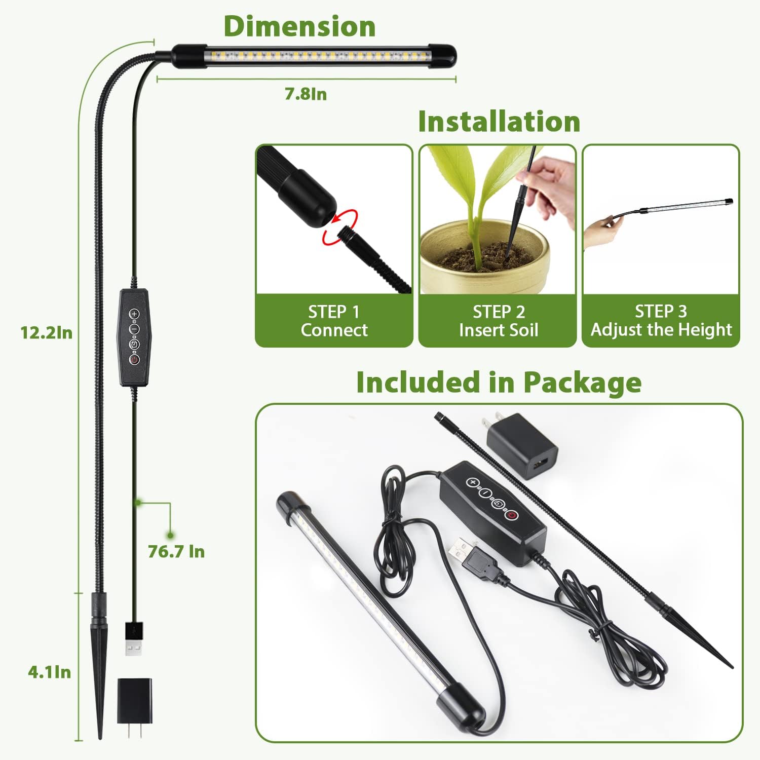 Grow Light for Indoor Plants Growing, 6000K Full Spectrum Gooseneck Plant Lamp for Seedings Succulents Small Plants