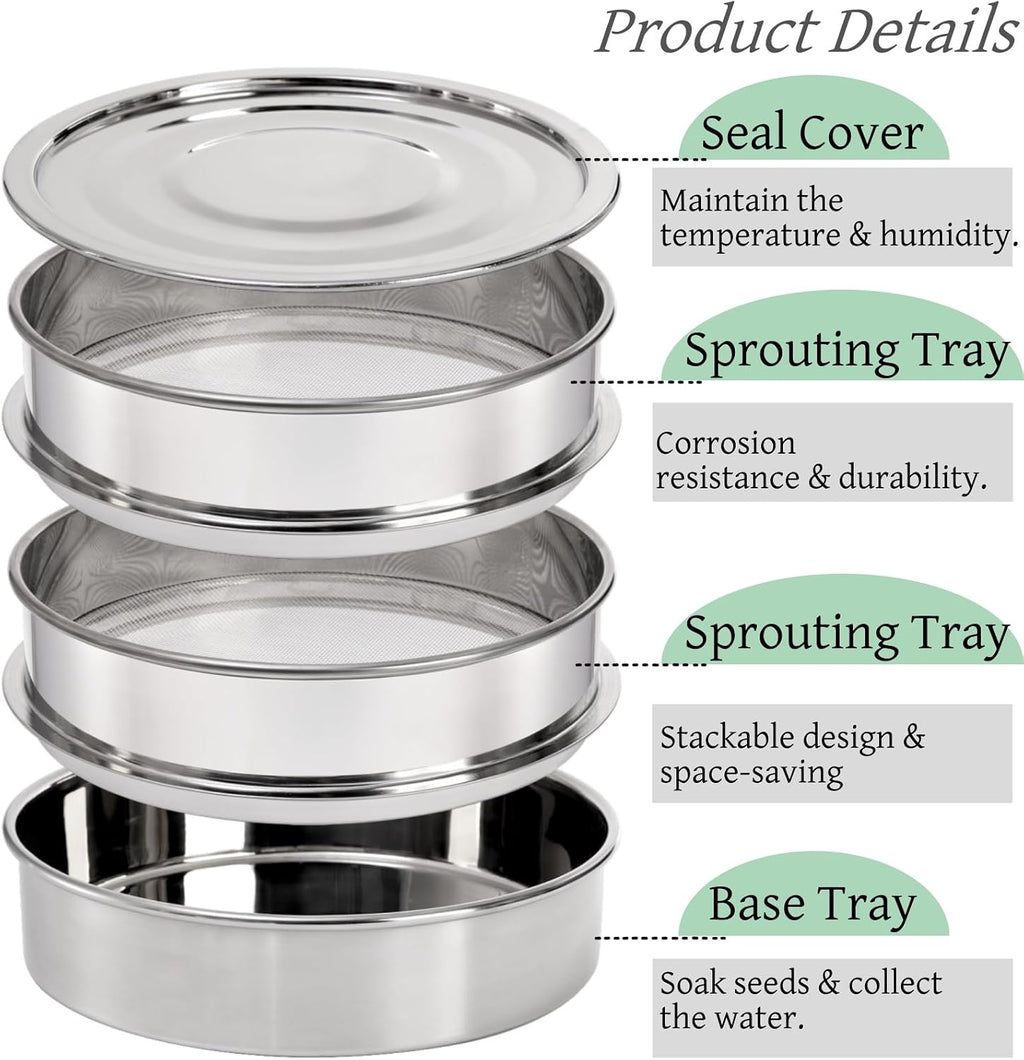 Tlence 9" Stackable Stainless Steel Seed Sprouting Kit, 3-Tier Mesh Germination Tray, Seed Sprout Grower with Lid Base