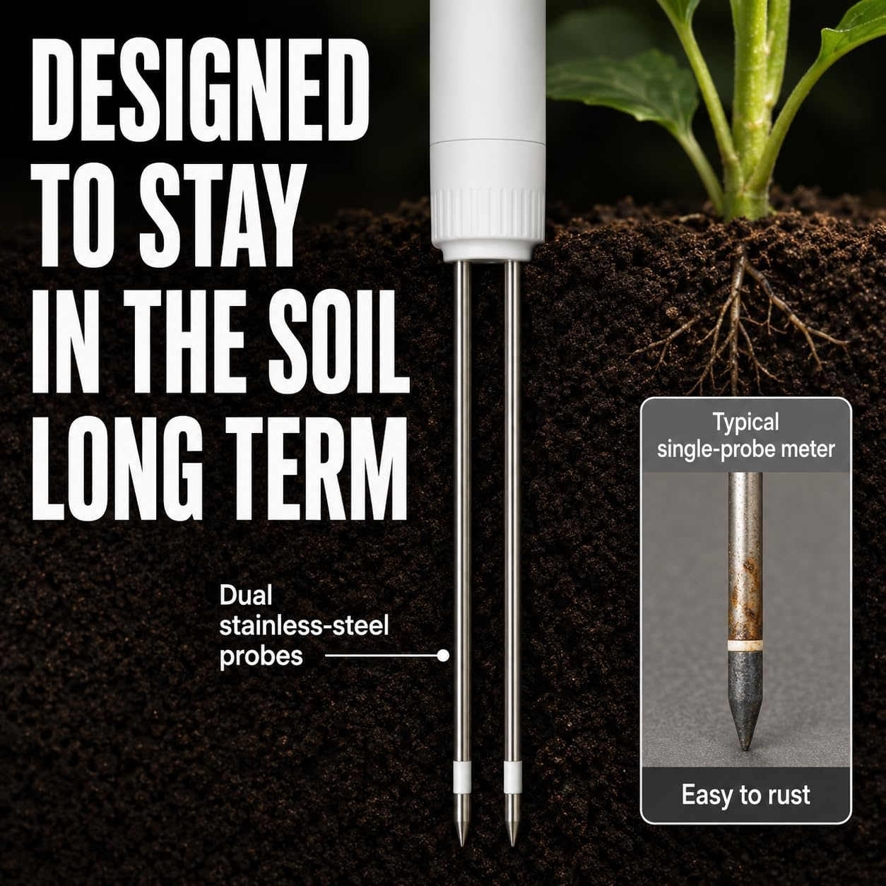 Leave in Soil Moisture Meter, Long Term in Soil Monitoring, Soil Temperature, Sunlight Level Indicator (Full