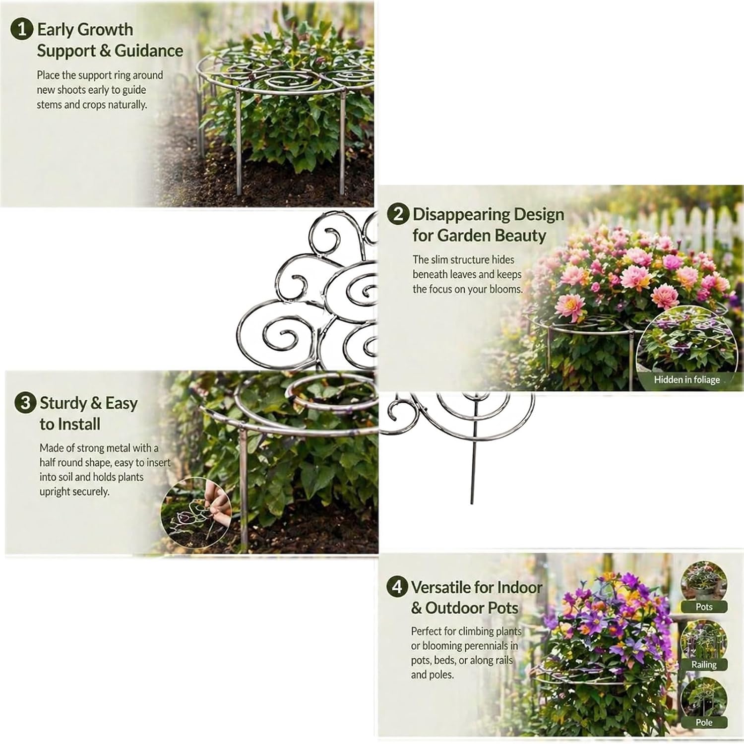 Metal Plant Support Ring, Heavy-Duty Peony & Dahlia Cages and Supports | Stackable Flower Support for Indoor & Outdoor
