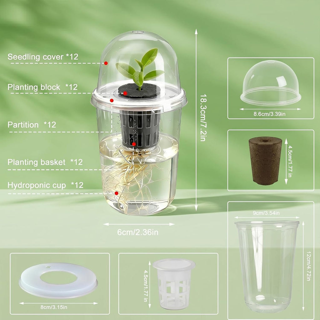 12 Pack 5in1 Seed Starter Cup Kit With Dome,Propagation Cups Self Watering | Tabletop Mini Greenhouse Hydroponics