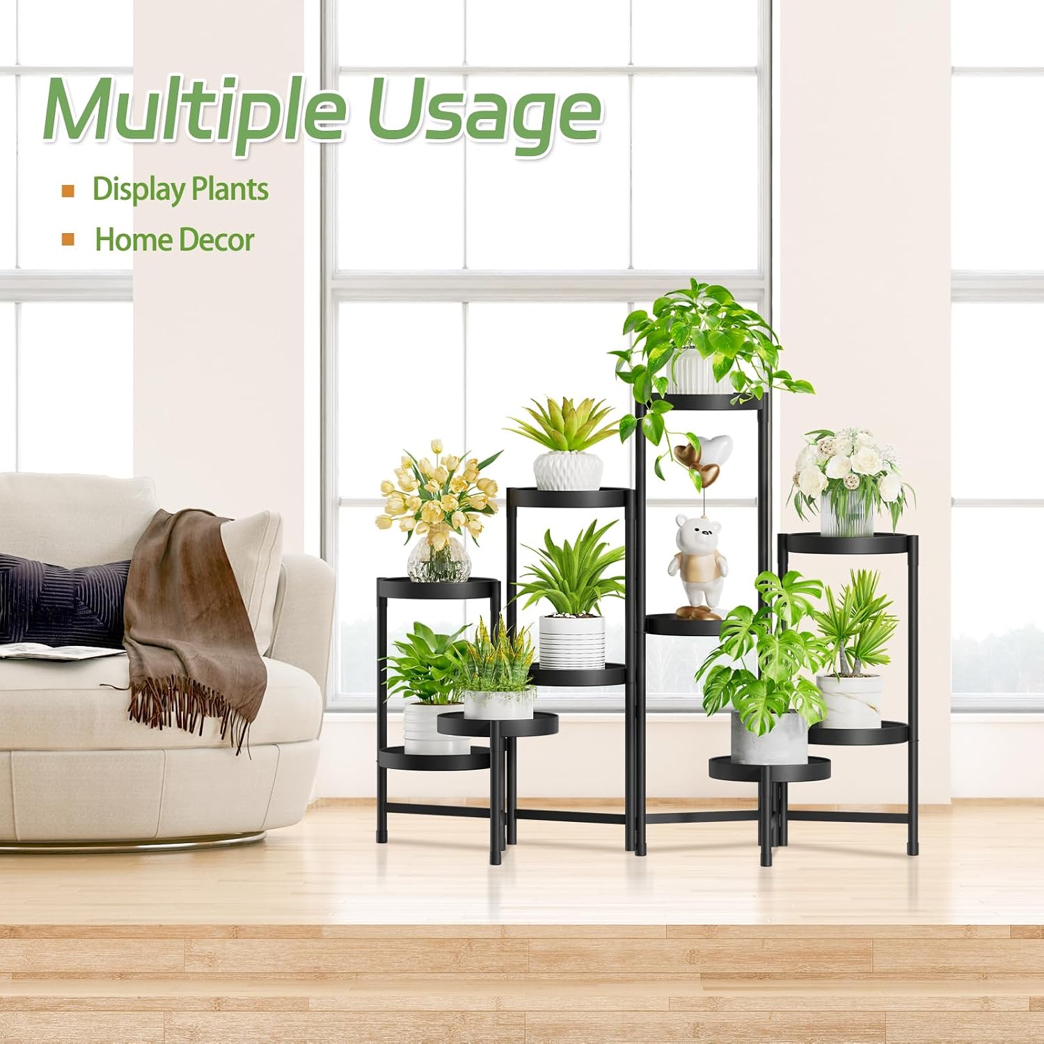 iDavosic.ly Plant Stand Indoor Outdoor, 10 Tier Metal Corner Shelf, Black | Tiered Flower Display Holder, Folding Multi