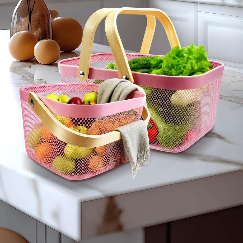 Cheardia 2 Pack Picnic Baskets, Metal Mesh Harvest Basket with Foldable Wooden Handle, Rectangle Garden Storage Basket