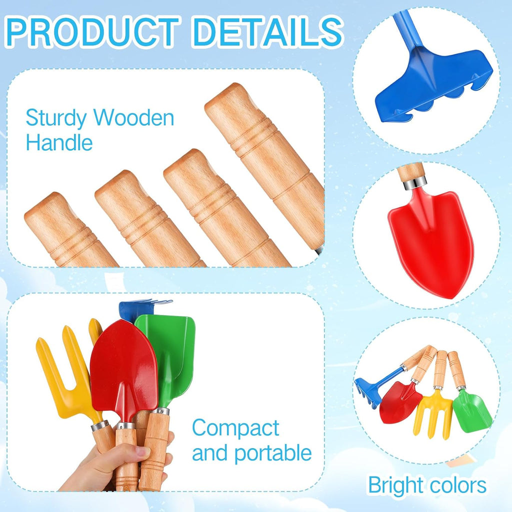 24 Pcs 8" Kids Gardening Tools, Metal Beach Sandbox Digging Toys with Wooden Handle, Including Shovel, Rake, Fork and