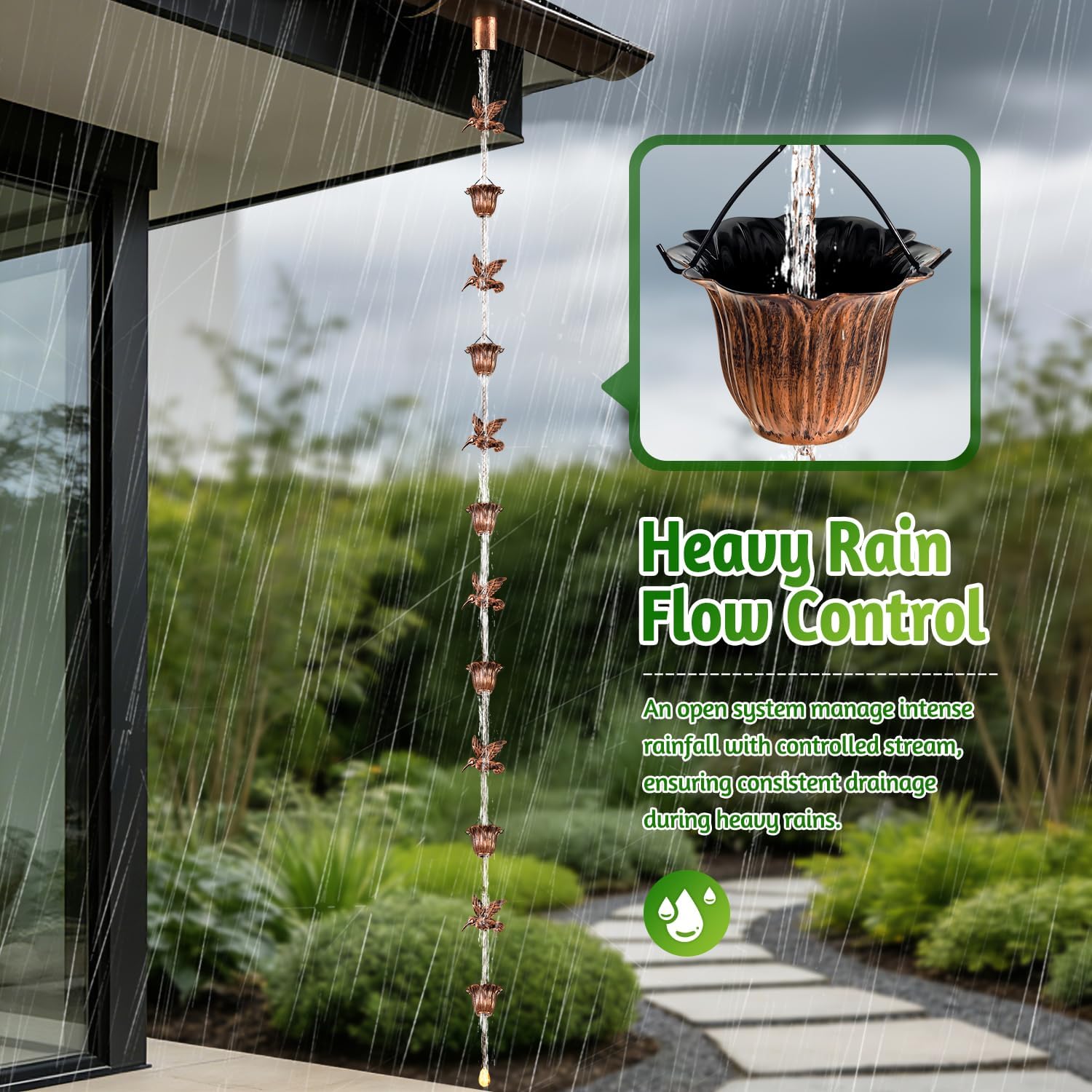 Rain Chains for Gutters Outside Copper with Adapter 8.5FT | 6 Hummingbirds and 6 Flower Cups,Rain Catcher Chain for