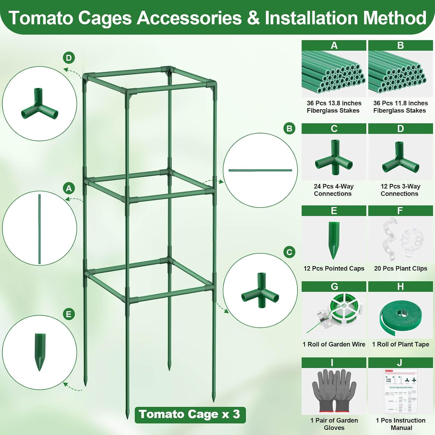 Lezmarket 3 Pack Tomato Cages for Garden, Tomato Trellis for Raised Garden Bed with Plant Clips and Twist Ties for
