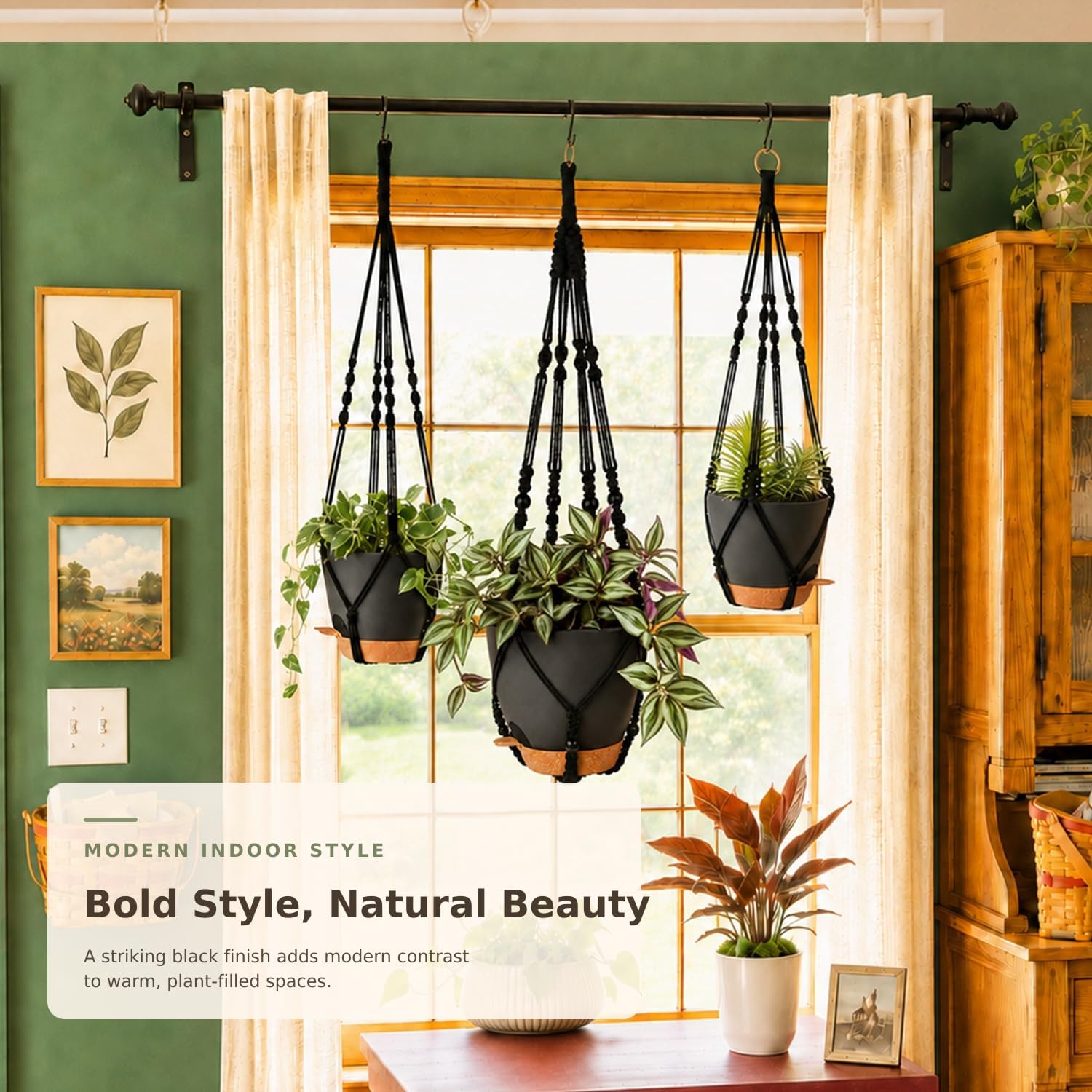 Bouqlife 3 Pack Self Watering Hanging Planters Macrame Plant Hangers with Indoor Flower Pots, 3 Different Size Hanging