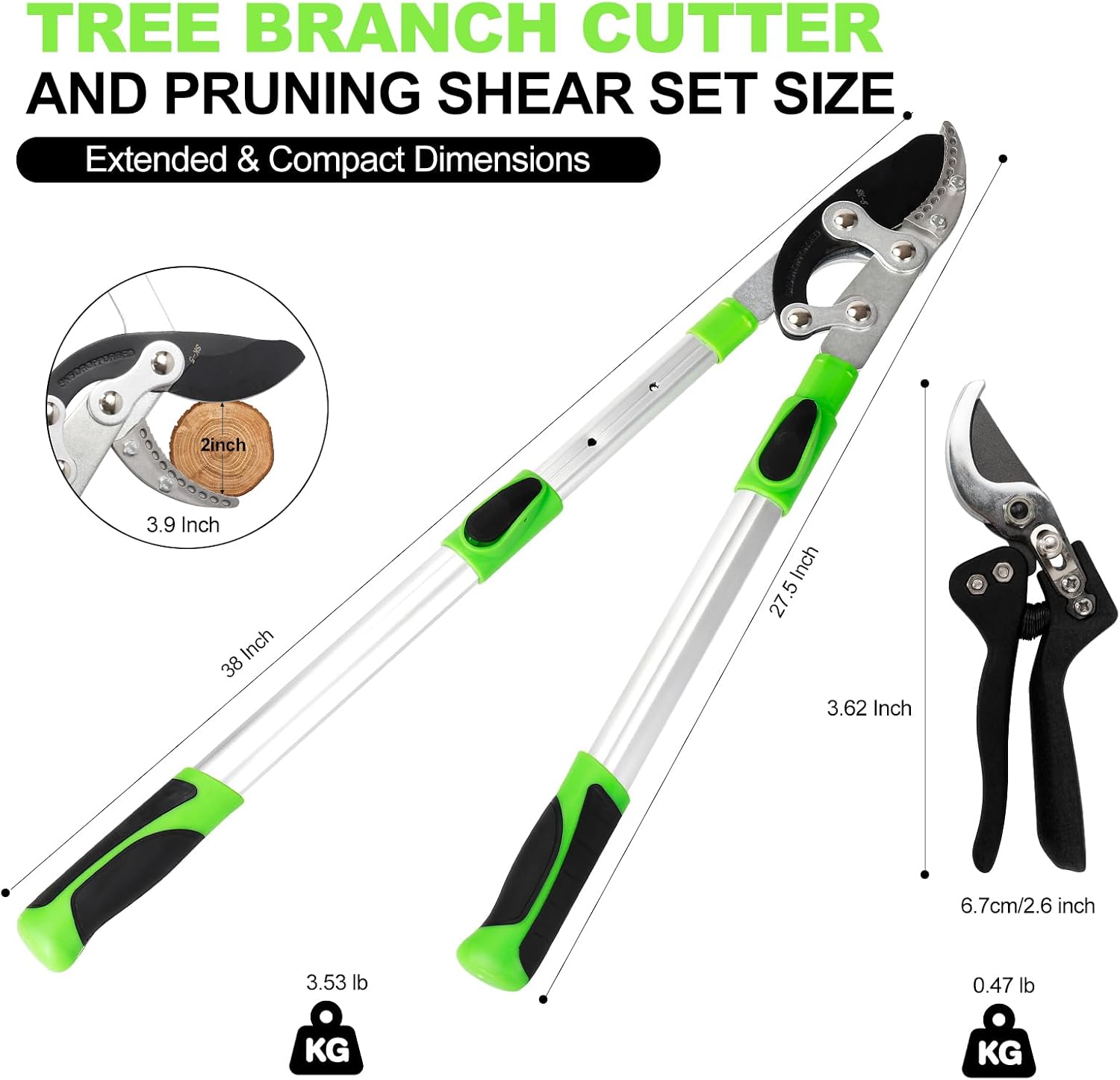 28-38" Extendable Loppers & Pruning Shears Set, SK5 Compound Action 2" Cut | Heavy Duty, Tree Trimmer, Branch Cutter