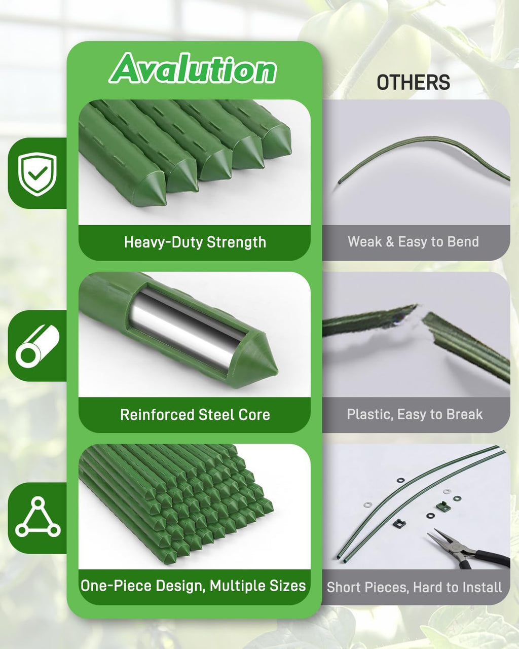 25 Pack 4FT Garden Stakes with Clips & Ties, 0.78" Steel Core Plastic Covered Plant Support Stakes for Tomatoes
