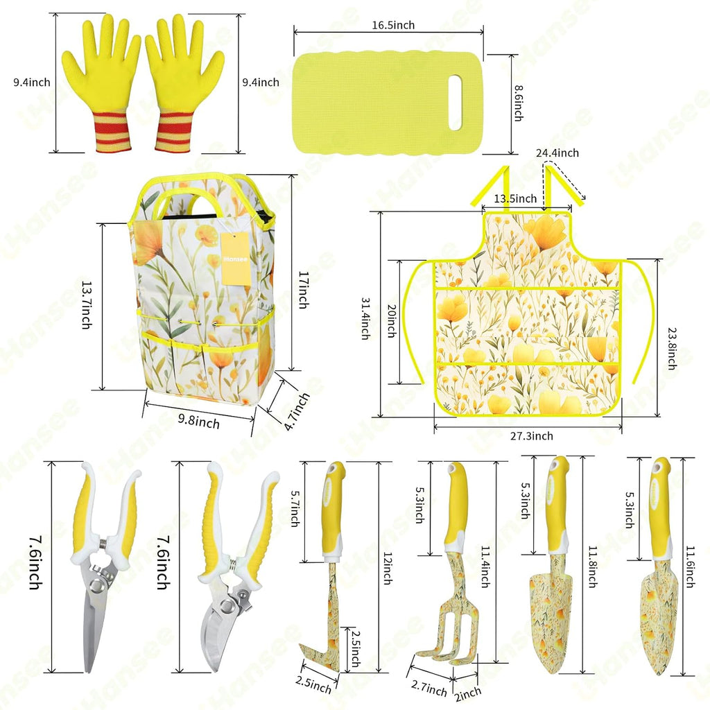 Yellow Garden Tools Set 10 Pieces, Gardening Gifts for Women | Aluminum Alloy Steel Hand Tool Kit w/Non-Slip Ergonomic