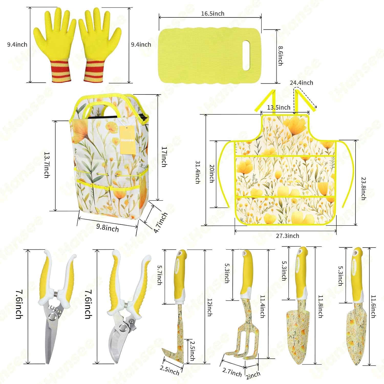 Yellow Garden Tools Set 10 Pieces, Gardening Gifts for Women | Aluminum Alloy Steel Hand Tool Kit w/Non-Slip Ergonomic
