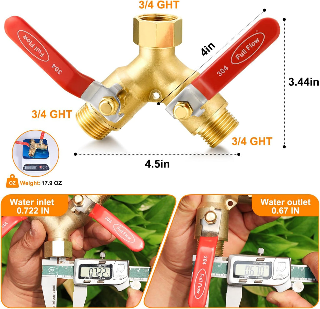 Garden hose diverter, full-flow, heavy-duty brass 2-way high flow, outdoor faucet Y-valve closure diverter connector