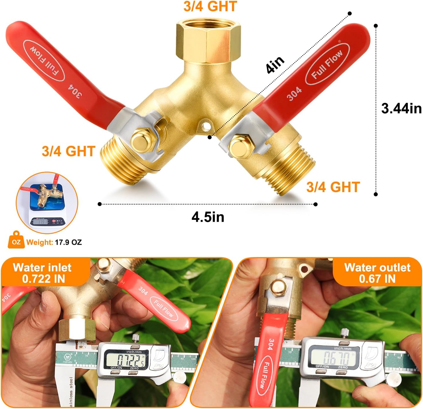 Garden hose diverter, full-flow, heavy-duty brass 2-way high flow, outdoor faucet Y-valve closure diverter connector