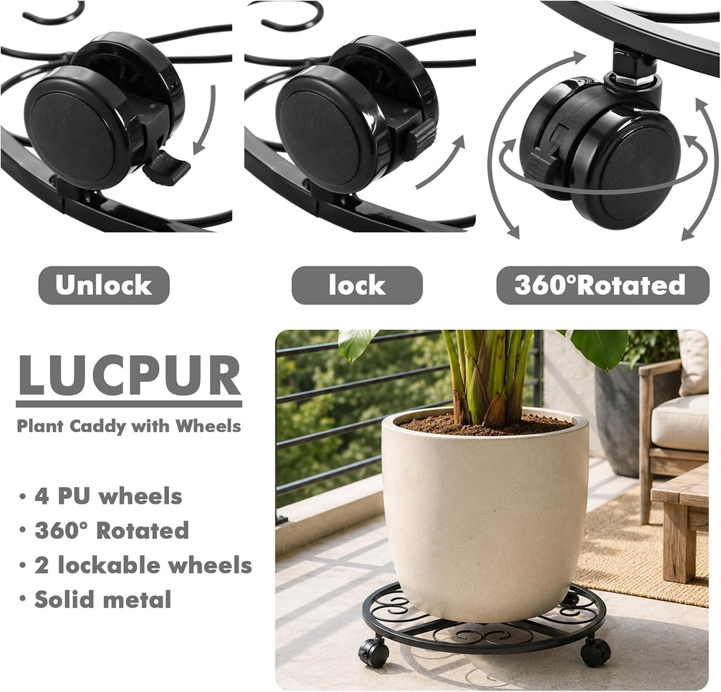 6 Pack Metal Plant Caddy with Wheels, 16 Inch Large Plant Stand with Wheels Heavy Duty Wrought Iron Rolling Plant Caddy