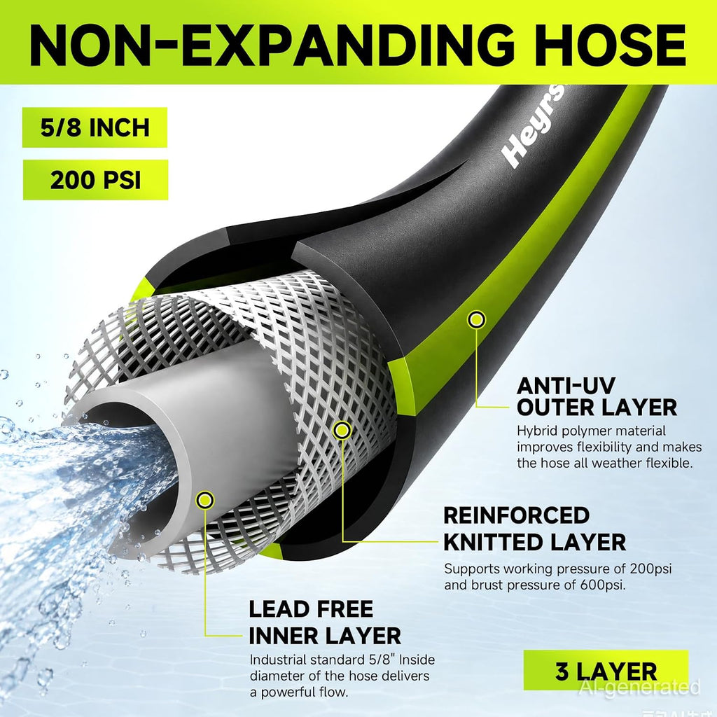 Garden Hose 50ft x 5/8", NON-EXPANDABLE Water Hose Heavy Duty, Flexible, Lightweight, Kink Resistant & Outside Hybrid