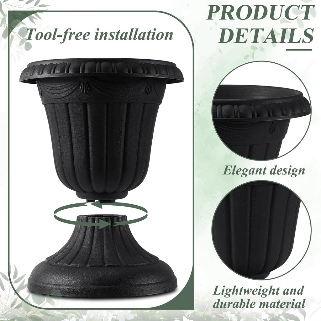 Zhehao 4 Pcs 10 x 12 Inches Black Plastic Urn Planter Classic Flower Pots Front Porch Planters Indoor Outdoor Planters