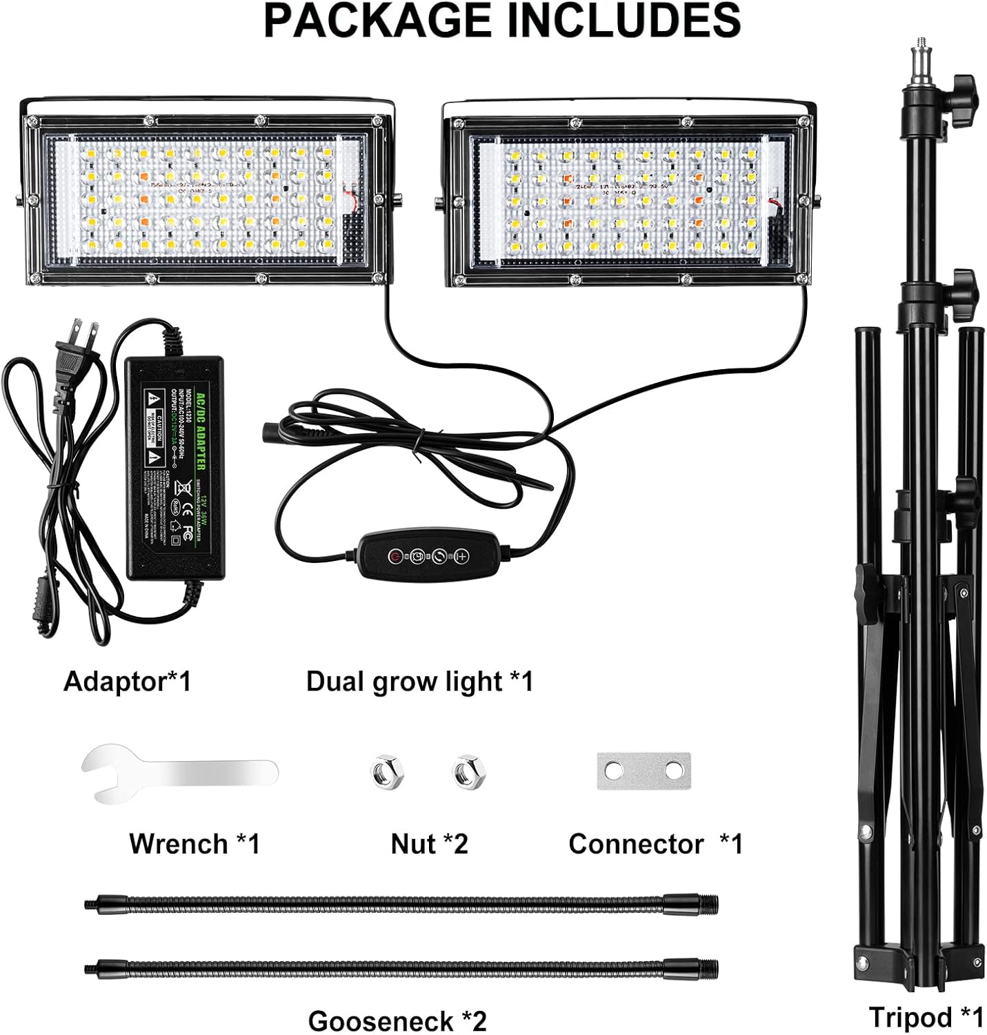LBW Grow Light for Indoor Plants, Dual-Head Full Spectrum LED Plant Light | 3/6/12H Auto On/Off Timer, 6 Dimmable