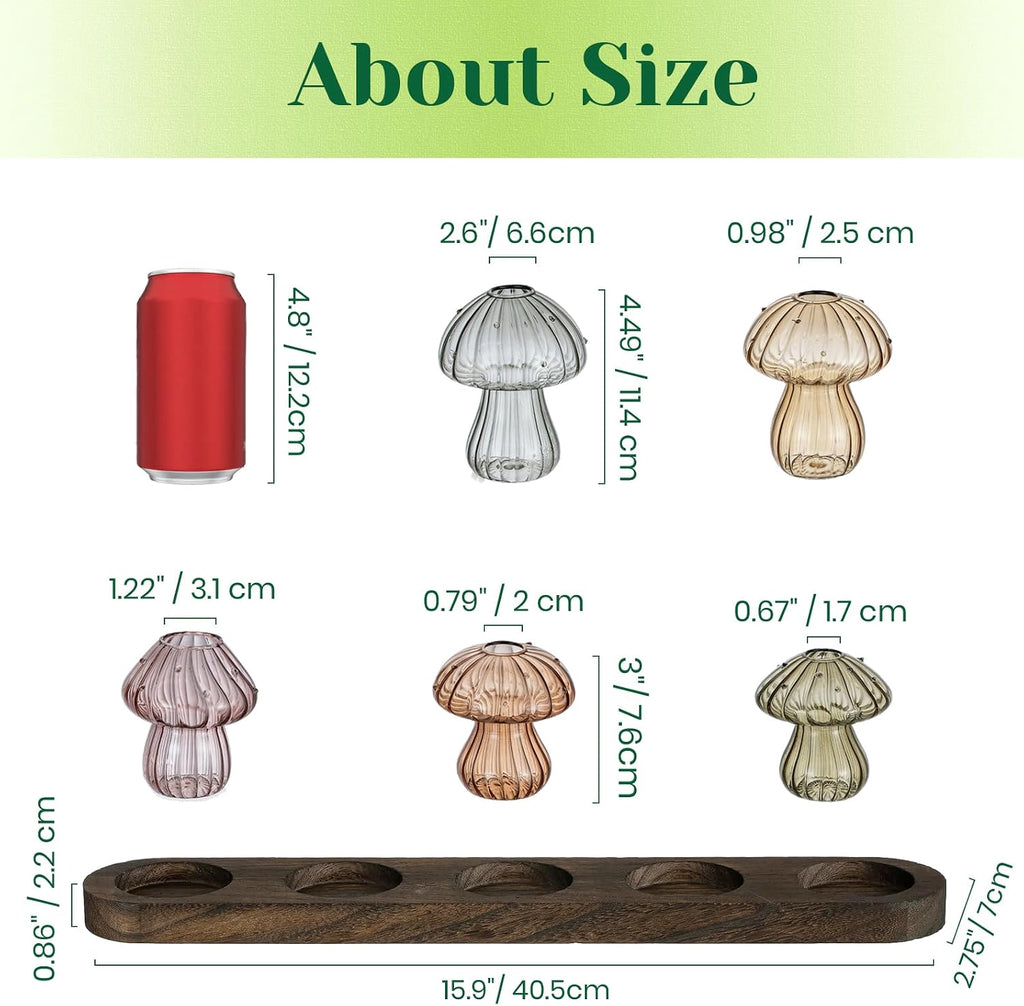 Hewory Plant Propagation Stations: 5PCS Amber Mushroom Vase with Wood Tray | Gifts for Plant Lovers, Mother