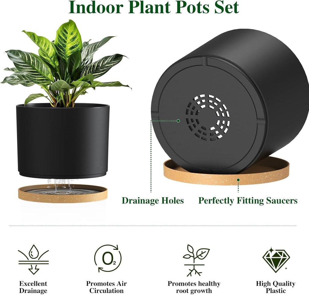 Plant Pots, 10/9/8 Inch 3 Pack Cylindrical Flower Pots with Drainage Holes and Saucers, Plastic Planters for Outdoor