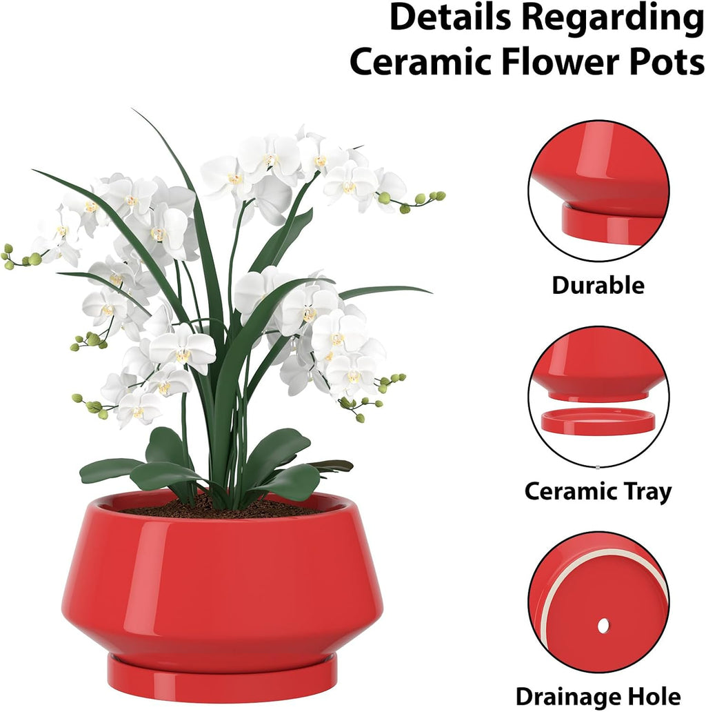 10 Inch Red Ceramic Planter with Drainage Hole and Saucer | Ideal for Indoor and Outdoor Plants, Modern Home Decor