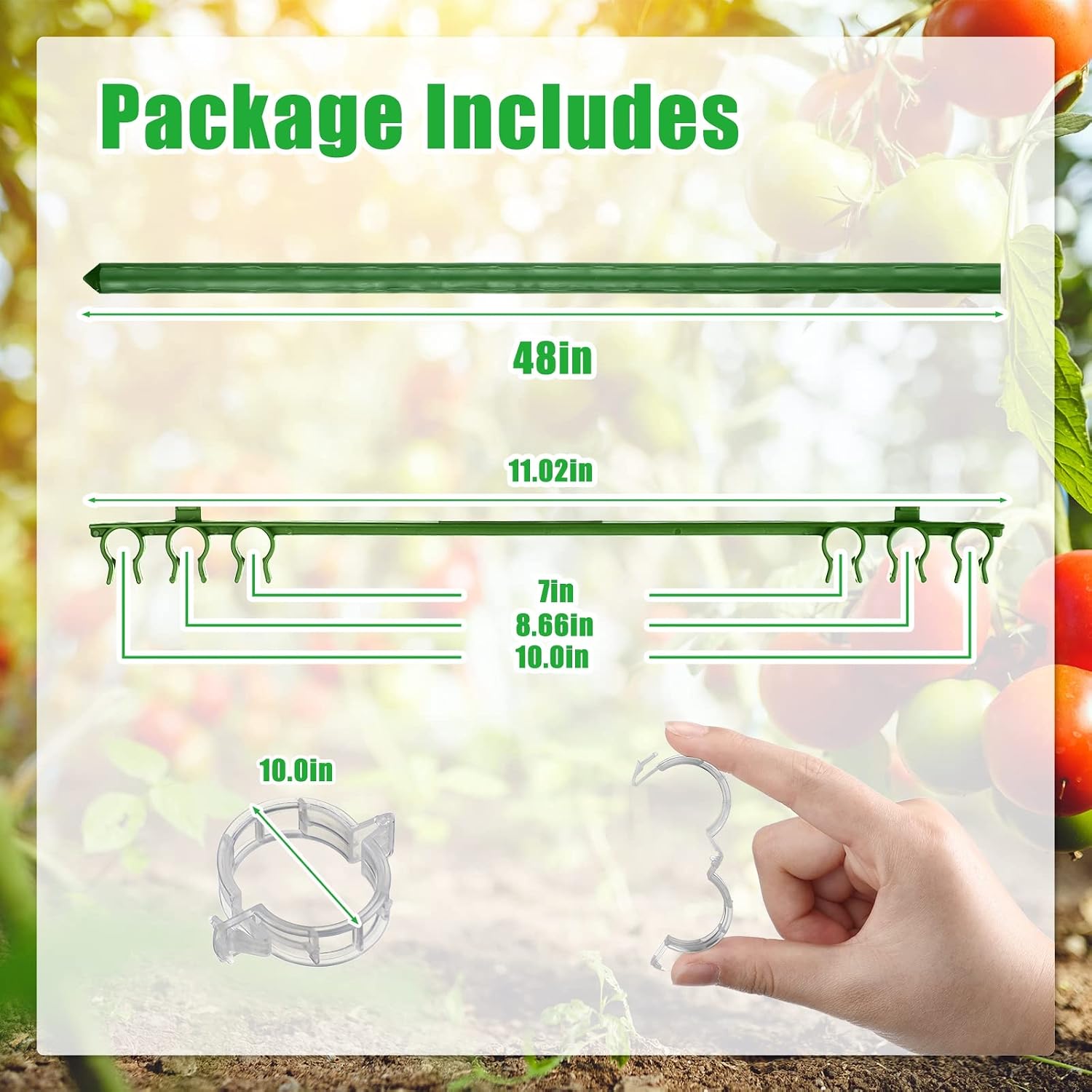 10 Packs Tomato Cages for Garden Support Up to 48" Tomato Plant Stakes Support with Adjustable Snap Arms Clips Plastic