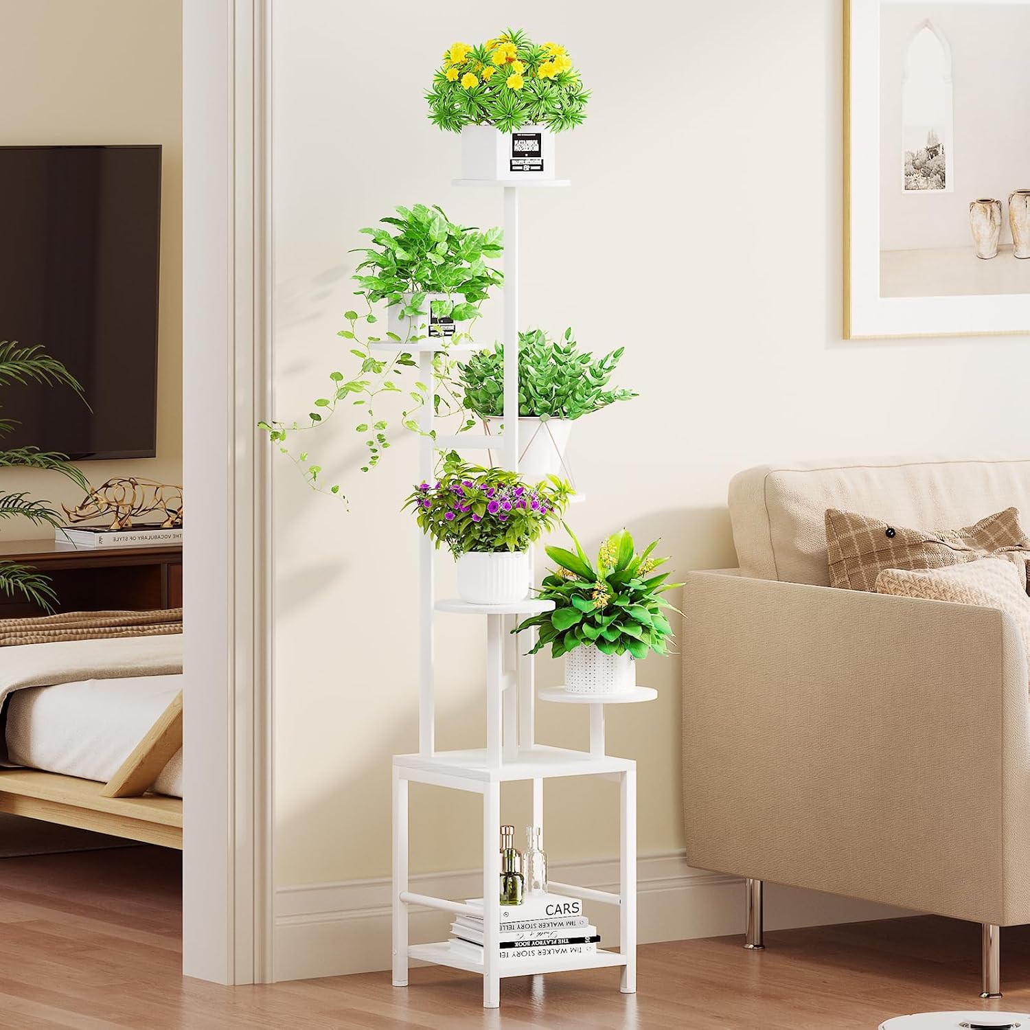 Plant Stand Indoor with Grow Light, 6-Tiered Tall Plant Stand Indoor, Metal Plant Shelf with Hanging Basket Hook and