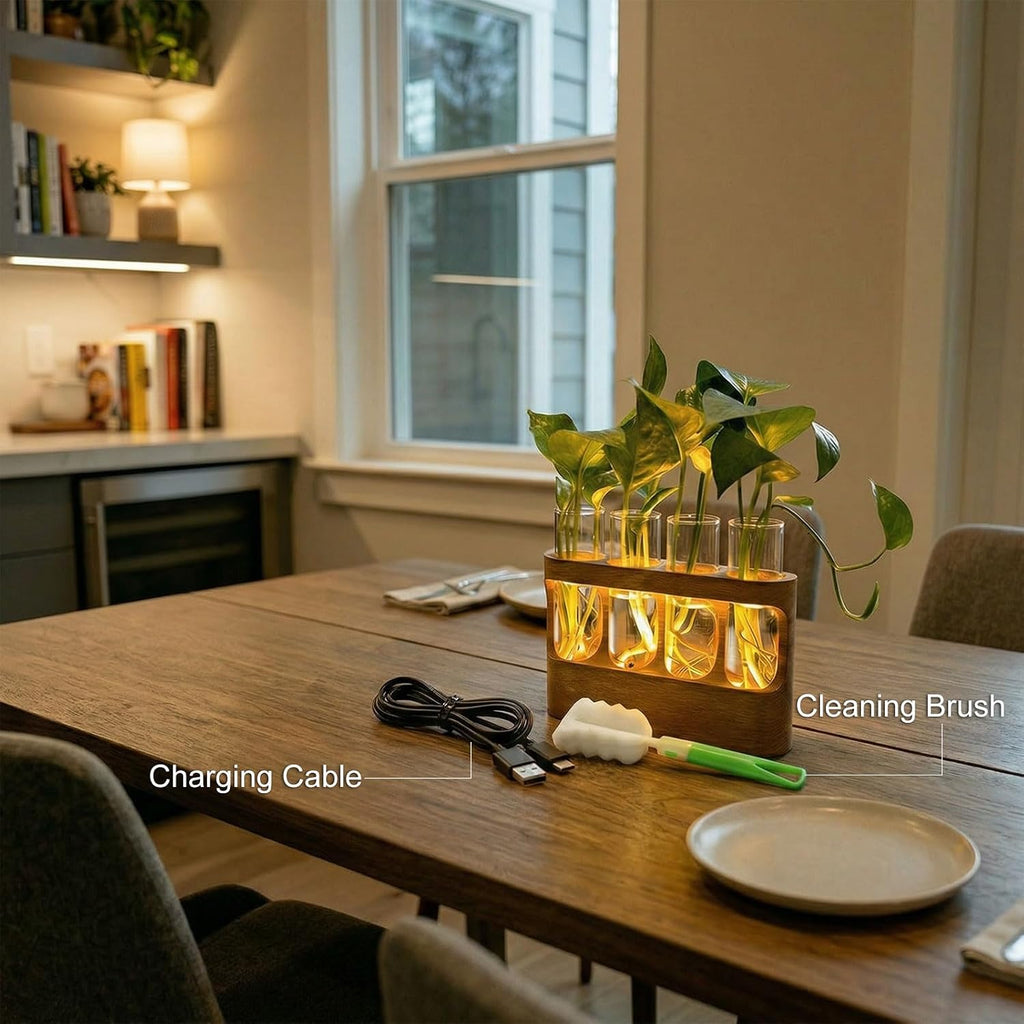 Plant Propagation Station with LED Grow Light, Rechargeable Wooden Desktop Planter Terrarium with 4 Glass Test Tubes