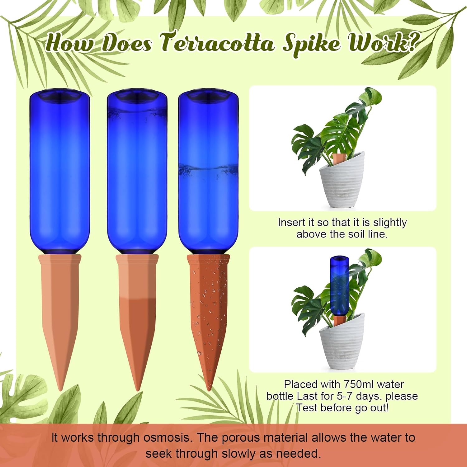 SiliFine 6 Sets Terracotta Watering Spikes,Dark Blue and Terracotta | 26 oz Bottles for Slow Release Watering, Self