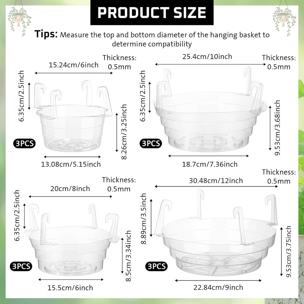 12 Pcs Hanging Plant Water Catcher Tray,6 8 10 12 Inch | Includes 4 Pcs Clear Plastic Plant Saucer Drip Pans for Indoor