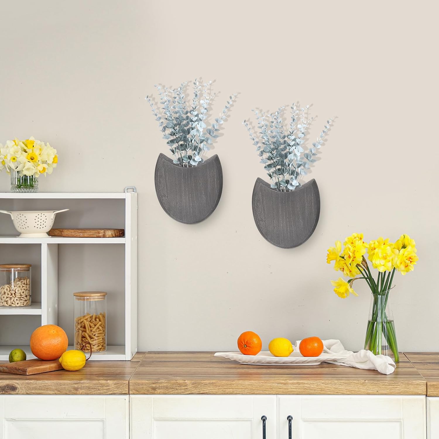 2 Pack Wood Wall Planters with Artificial Plants Farmhouse Boho Wall Decor Pocket Vases for Kitchen Office Living Room