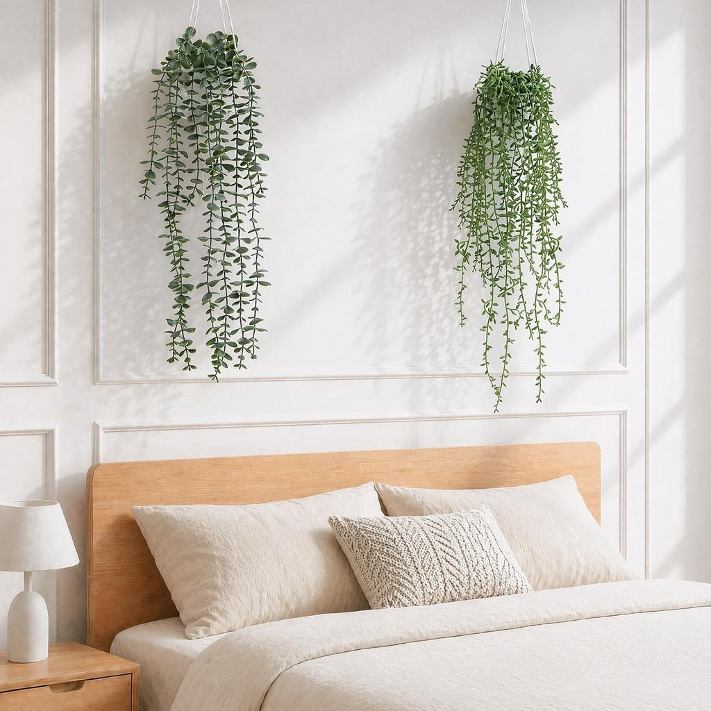 2Pcs Artificial Hanging Plants Macrame Hanger Pots Indoor Wall Home Decor | Faux Trailing Greenery, Fake Eucalyptus &