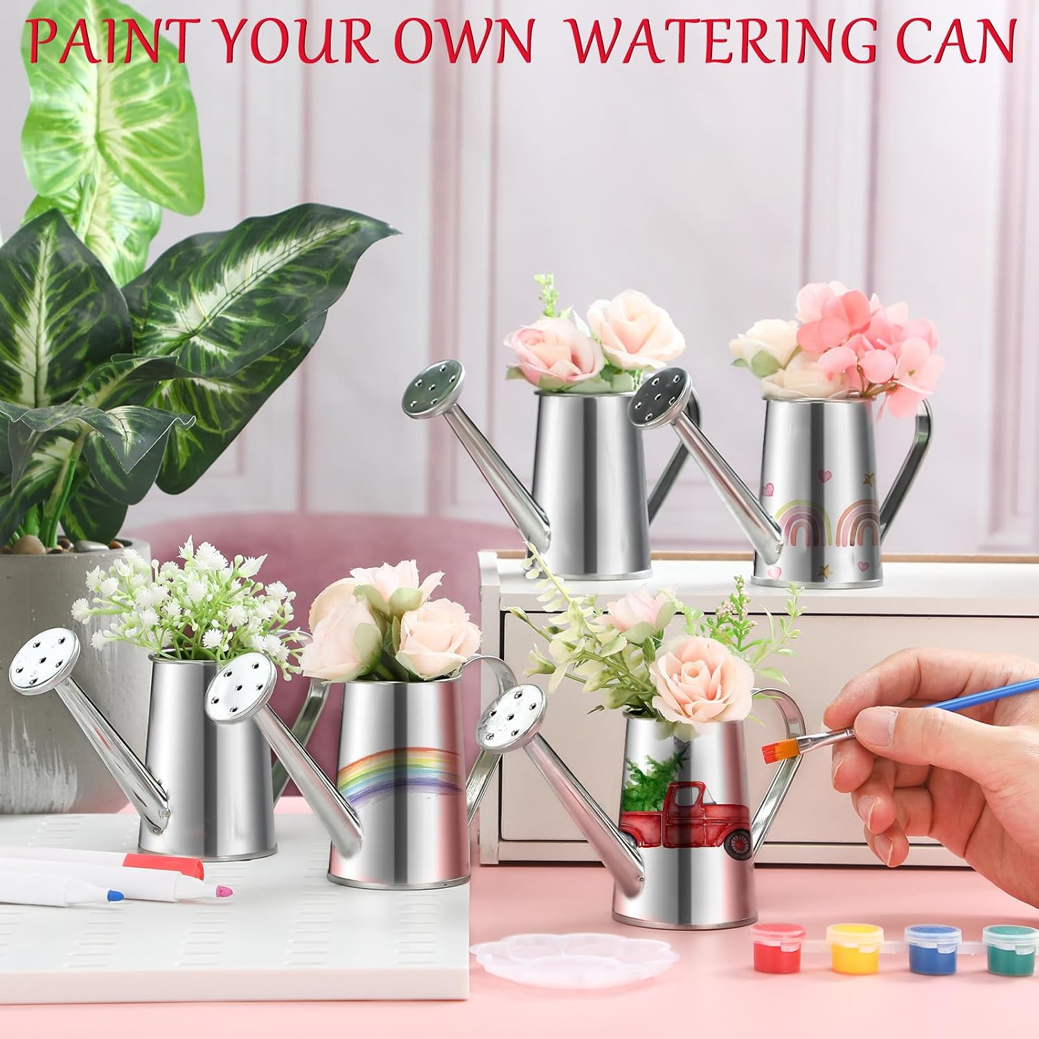Reallnaive 6 Set Planter Watering Can Bulk DIY Flower Gardening Kit | Ready to Paint with Brushes, Metal Planters Ideal