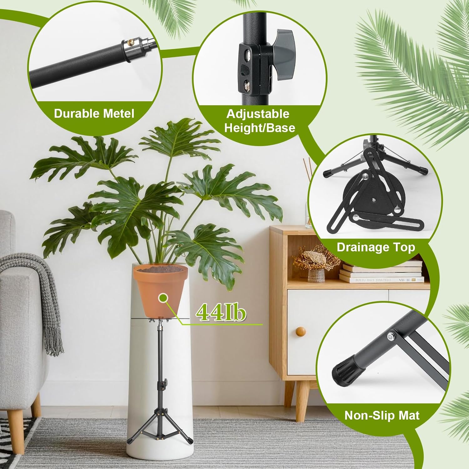 2 Pcs Adjustable Plant Risers,10-15" Rise, 4-12" Top & 6-9" Base, Metal | With Drainage Hole, Tripod Design, Portable