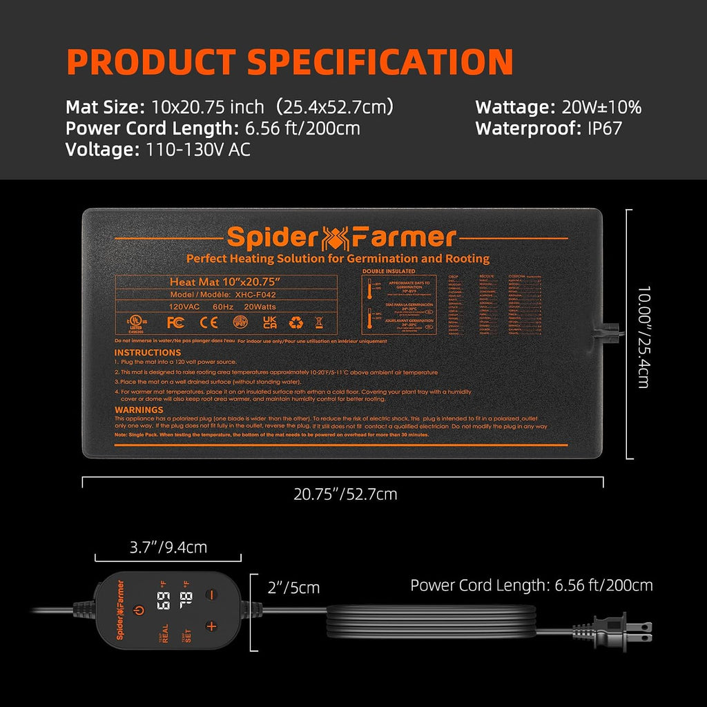 Spider Farmer 10"x20.75" Seedling Heat Mat with Built-in Thermostat | Fast & Uniform Heating, MET & UL Certified, IP67