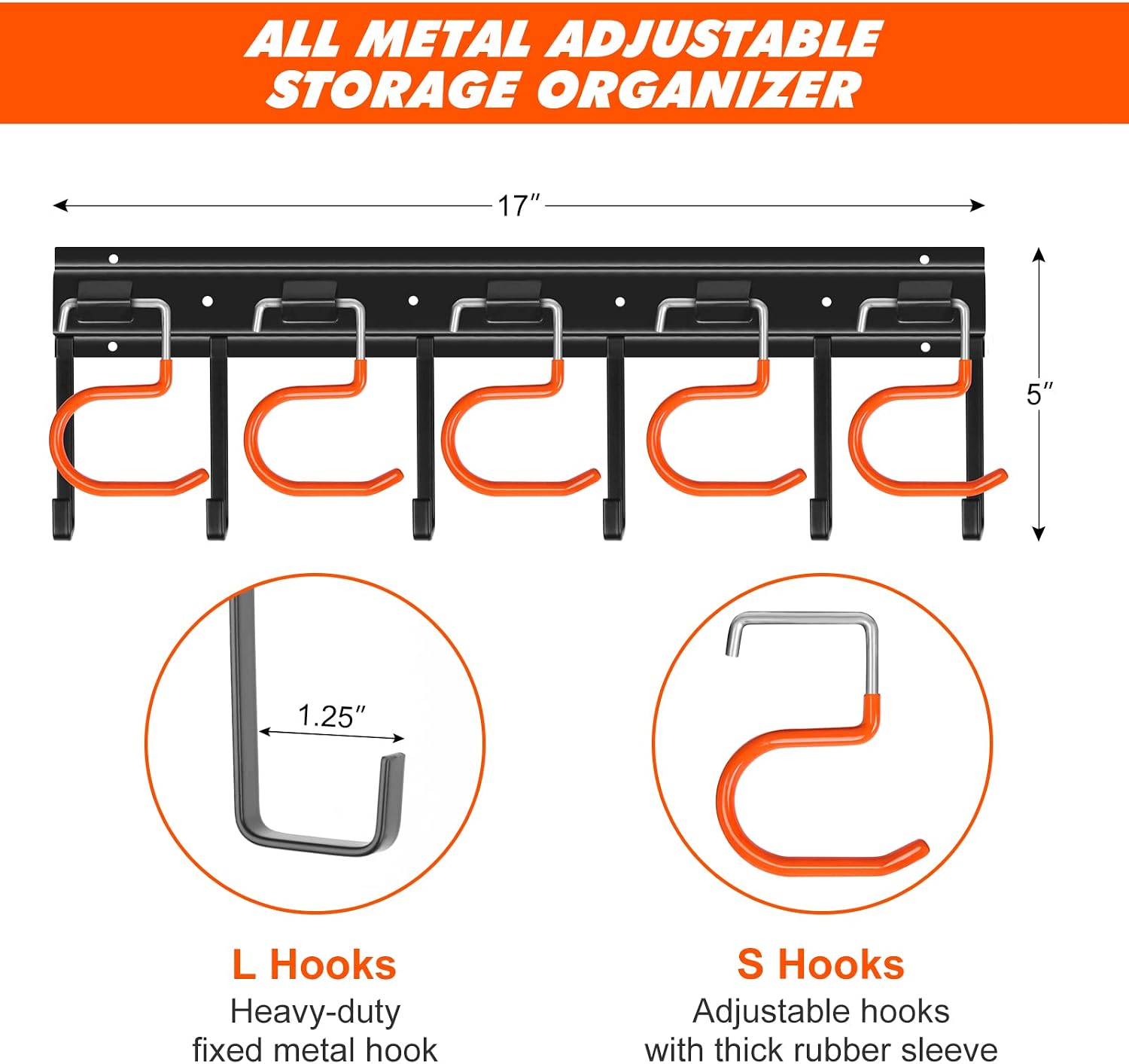 TVKB 34'' All Metal Garden Tool Organizer Wall Mount Garage Organizers and Storage with Hooks Tool Hangers for Shed