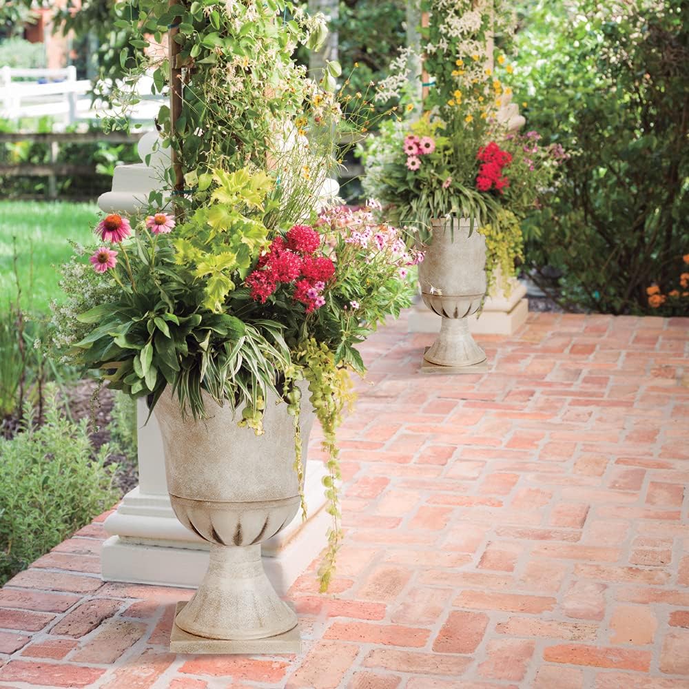 Worth Garden Plastic Urn Planters for Outdoor Plants, Tree 22'' Tall 2 Pack Round Classic Resin Flower Pots Indoor