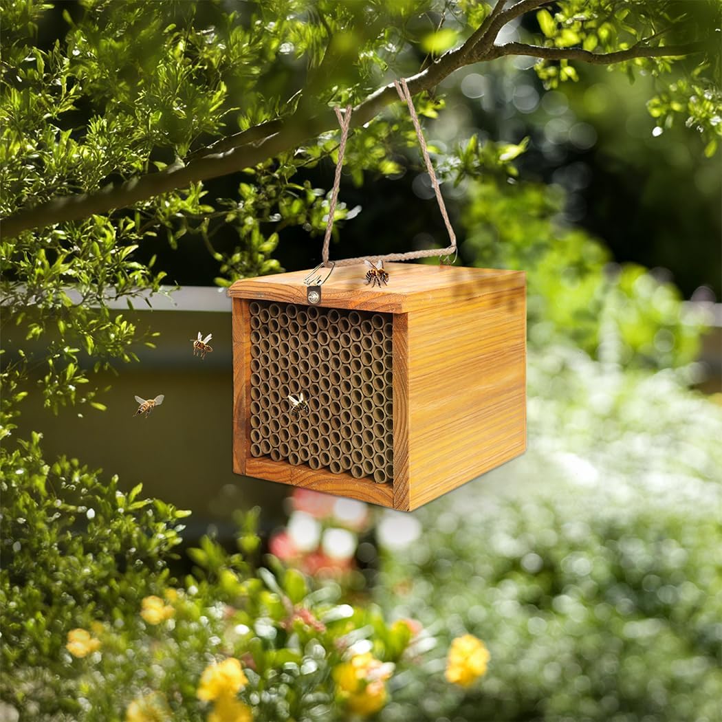 Mason Bee House - Wax Coated Bee Hotel for the Garden, Natural Handmade Wooden bee Home, Mason Bee Home for Outdoors