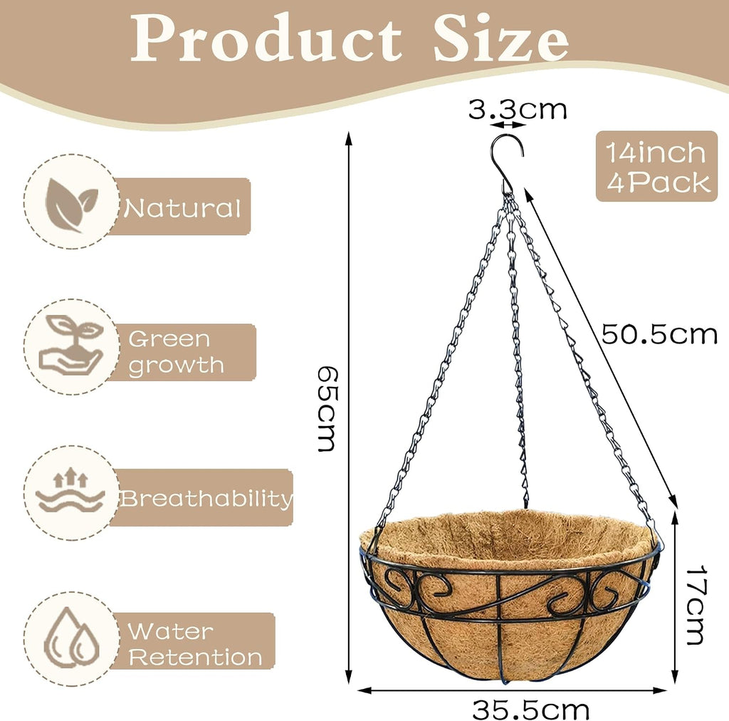 EIMQUVW Outdoor Metal Hanging Planters Basket (4pack, 14 inch) Hanging Baskets for Plants Chain Round Wire Plant Holder