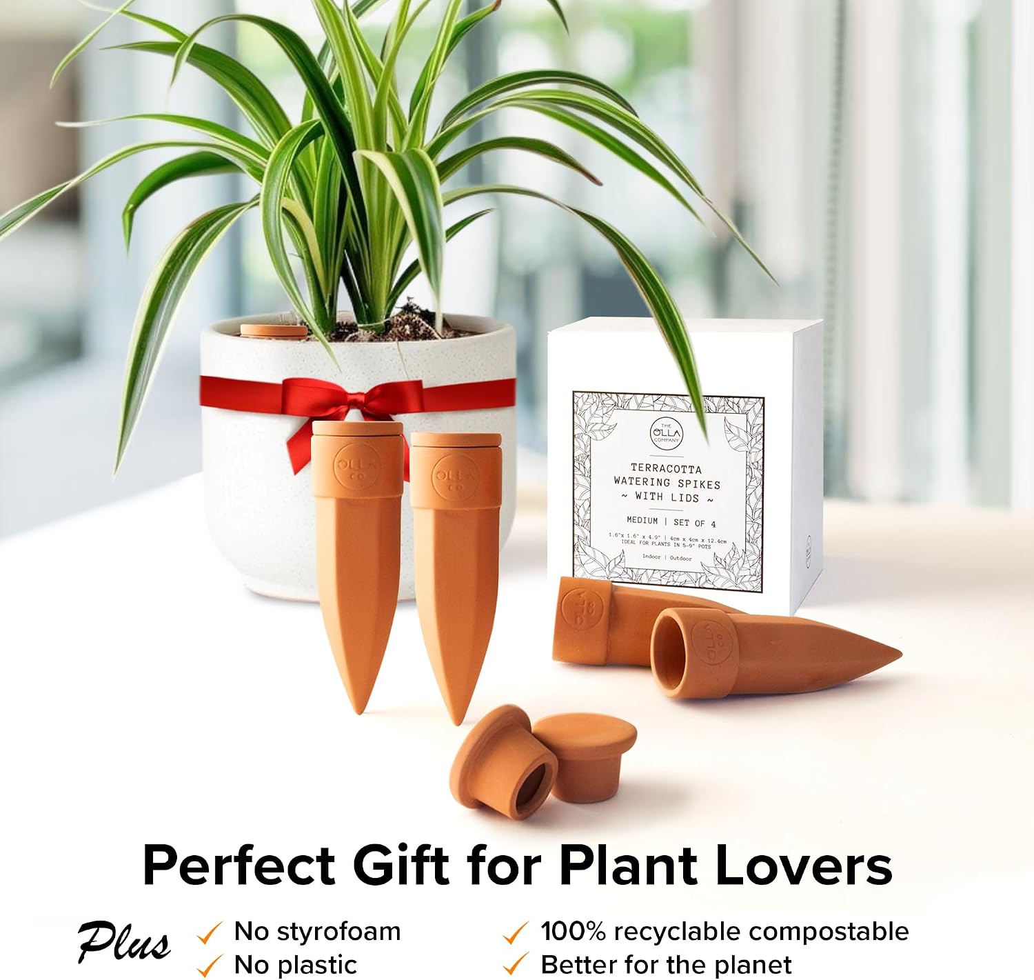 Terracotta Watering Spikes with Lids, Medium 4 Pack | Self watering spikes for indoor or outdoor plants; ideal for