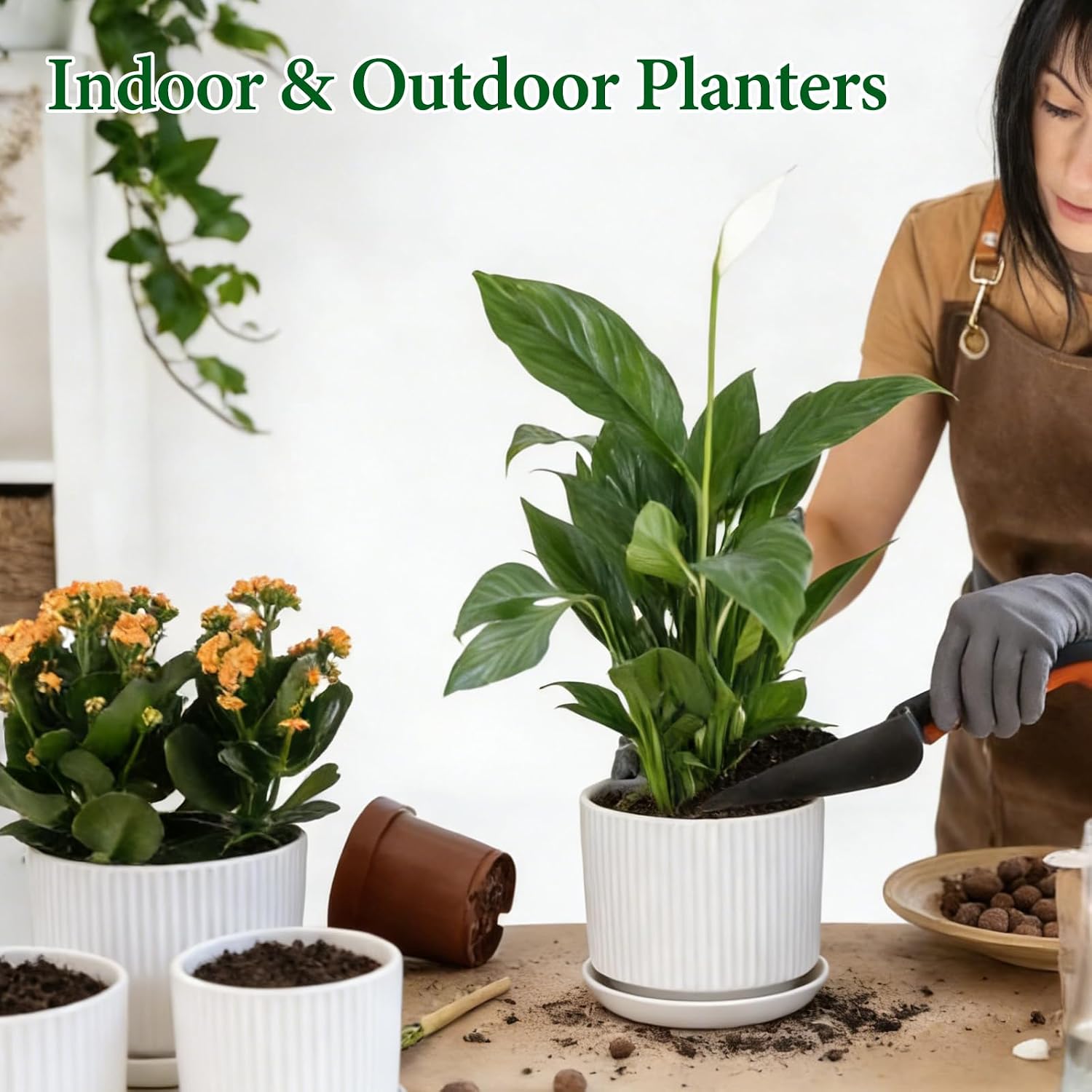 Ceramic-Flower-Pots-Sets-with-Saucer, 5/6/8 inch Small Planters for Indoor Plants with Drainage Hole, White Vertical