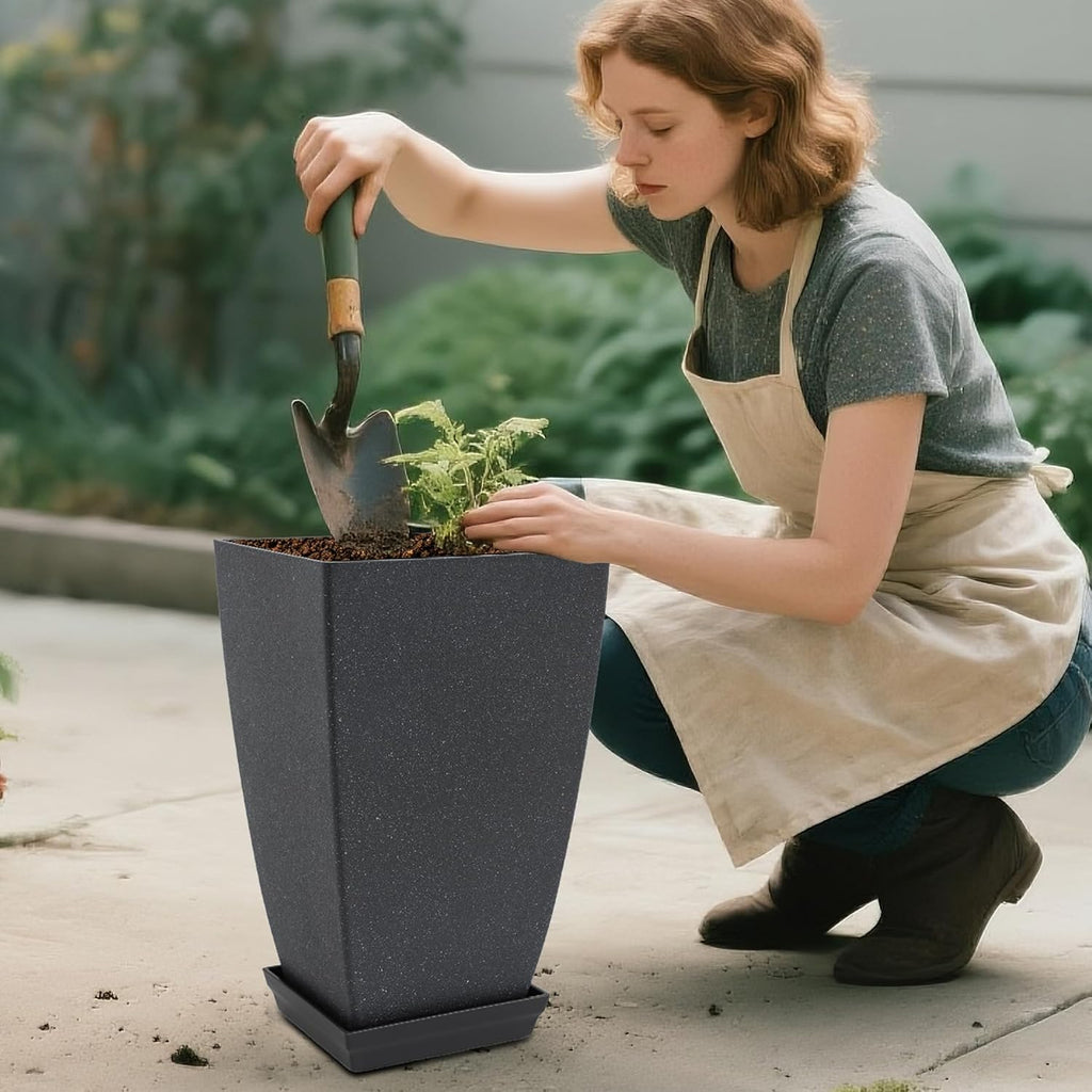 Neoaider Set of 2 Tall Planter, 21 inch Large Plastic Planter, Cement Gray | Ceramic-Look, Lightweight, Built-in Drain
