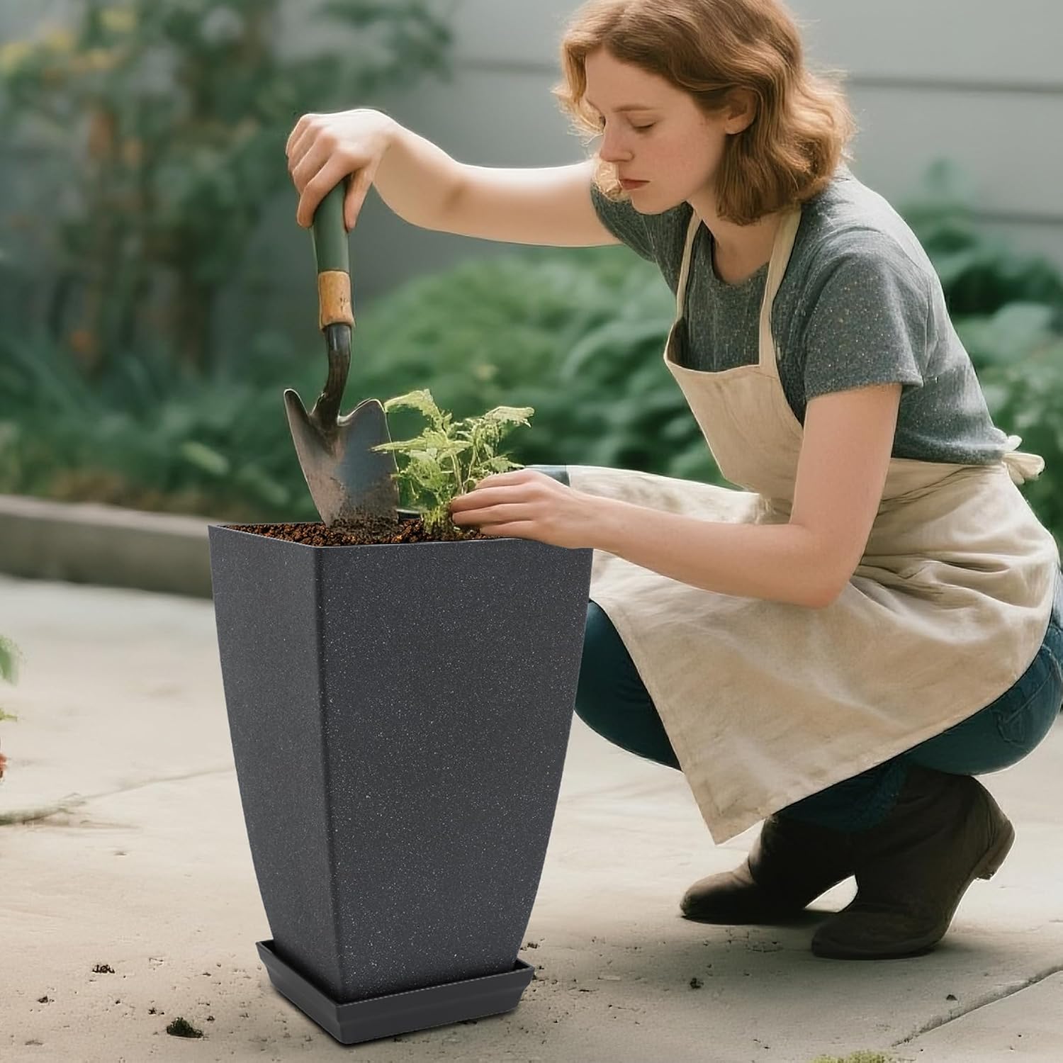 Neoaider Set of 2 Tall Planter, 21 inch Large Plastic Planter, Cement Gray | Ceramic-Look, Lightweight, Built-in Drain