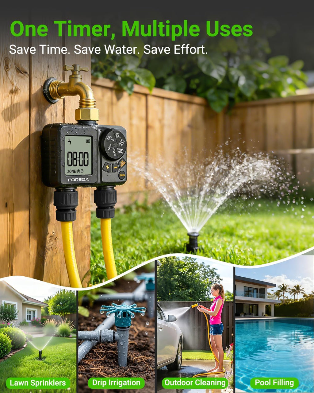 Rechargeable 2 Zone Water Timer, Sprinkler Timers for Garden Hose | Built-in Rechargeable Battery, Brass inlet, 2 Zone