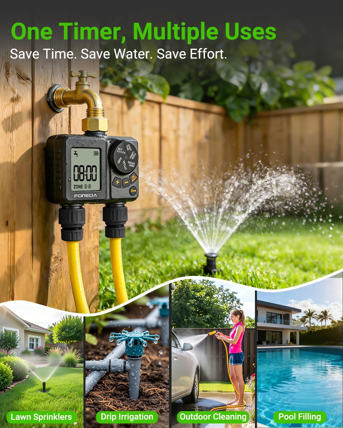 Rechargeable 2 Zone Water Timer, Sprinkler Timers for Garden Hose | Built-in Rechargeable Battery, Brass inlet, 2 Zone