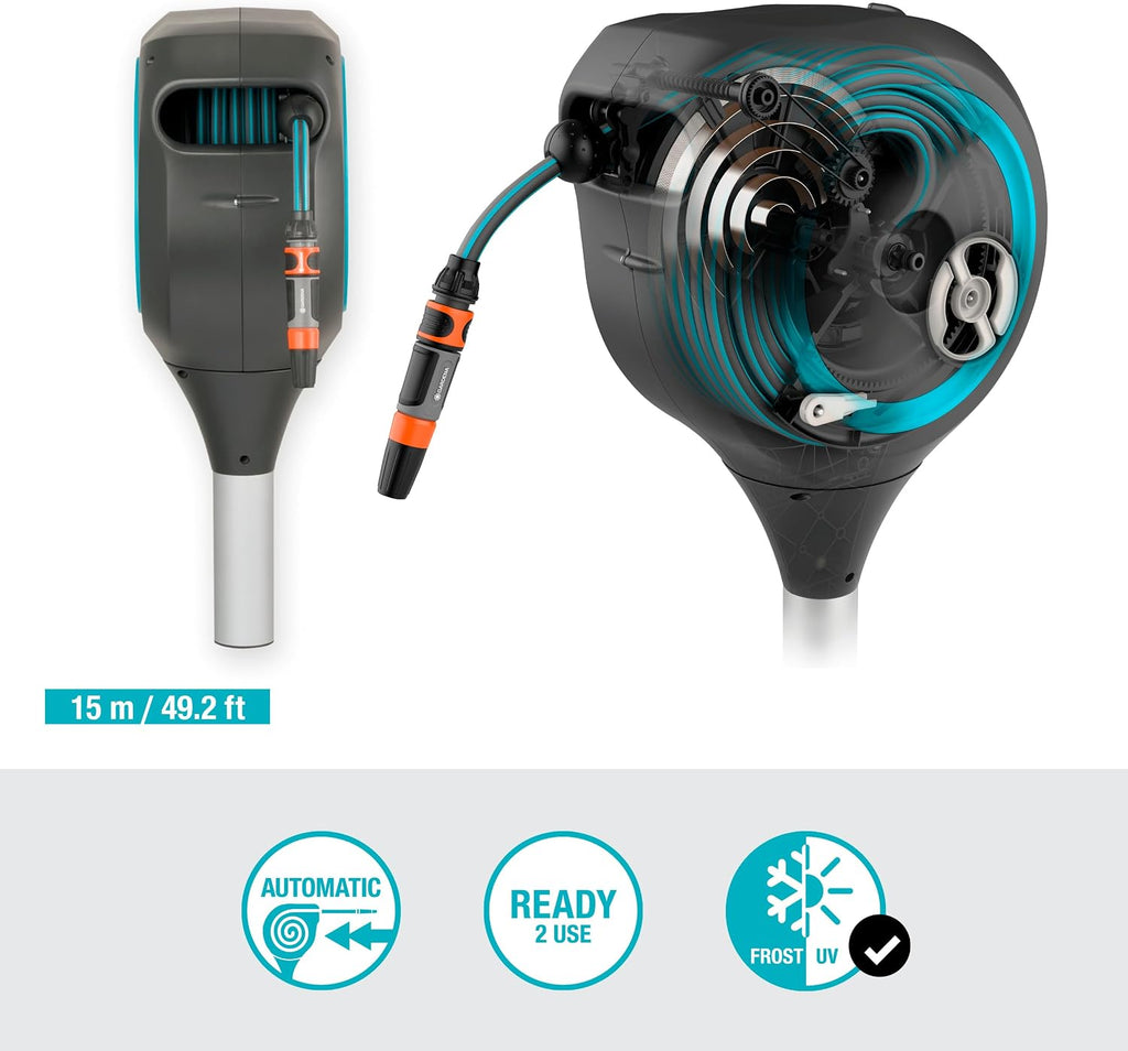 GARDENA Automatic Retractable Garden Hose Reel - 50 Feet - 360 Degree Swivel Outdoor Hose Reel with Metal Spike Base